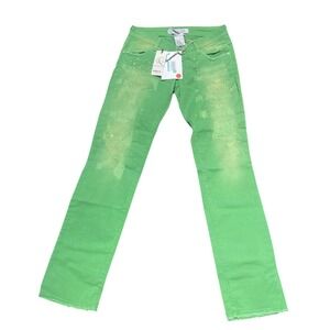 Met In Jeans Italy Women's Green Skinny Jeans With Rhinestone Accents & Distress